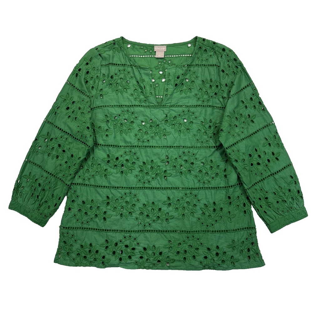 Chico's Green Eyelet Blouse Boho Cottagecore Top Size 1 (8/10) Split V-Neck